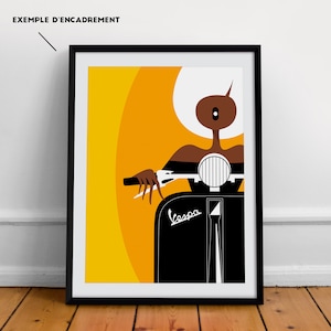 Peut inclure: Une illustration en noir et blanc d'une femme conduisant un scooter Vespa sur un fond jaune. La femme a une afro blanche et porte une robe noire. Le scooter Vespa porte l'inscription "Vespa" sur l'avant.