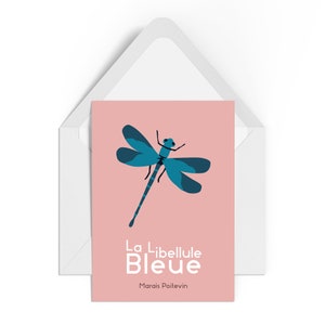 Carte Postale Libellule bleue du Marais Poitevin, Sèvre Niortaise et embarcadères de Coulon, Demoiselle de la Venise verte, format A6.