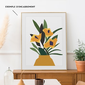 Cartel de flores abstractas, ramo floral amarillo en un jarrón amarillo mostaza, decoración moderna de la pared, terapia verde, flores abstractas