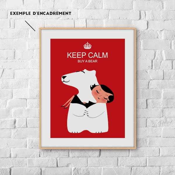 Affiche, ours blanc, white teddy bear, poster keep calm and carry on, ours polaire fond de couleur rouge