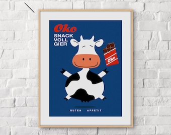 Vintage Swiss chocolate advertising poster, cow, milk chocolate, kitchen decoration