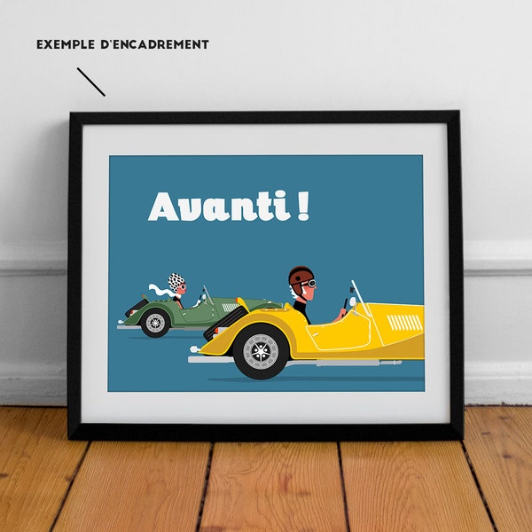 Morgan Plus 8 car poster, retro race car poster and Morgan collection, blue and yellow color