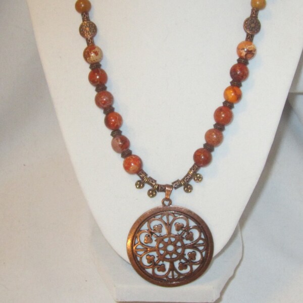 Light Wood Bead with Antiqued Metal Pendant