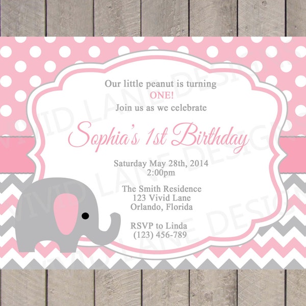 Elephant Birthday Invitation, Girl Birthday, Pink and Grey Chevron, Polka Dots 1st, 2nd, 3rd, First - 5030B