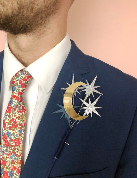 Celestial Wedding Buttonhole Moon And Stars Boutonniere Etsy