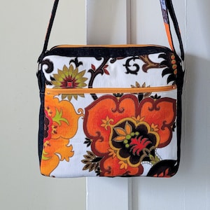 Groovy Zippered Satchel, reclaimed denim, vintage fabric, sustainable bag, vintage floral bag, cross-body bag