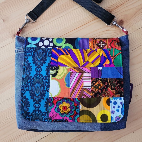 Funky Patchwork Messenger Bag: floral bag, cross body bag, satchel, one of a kind, market bag, upcycled bag, patchworked bag