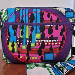 Cartable groovy zippée, denim de récupération, tissu vintage, sac durable, sac à fleurs vintage, sac à bandoulière