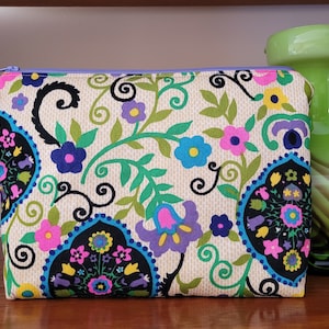 Bolsa cosmética de tecido vintage Groovy, bolsa clutch, bolsa grande com zíper, bolsa floral