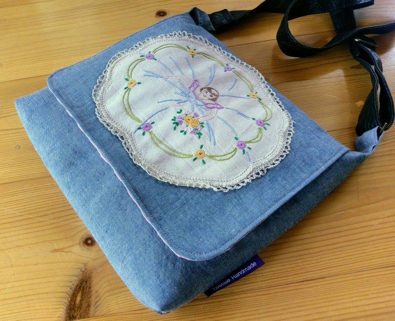 funky bag upcycled bag Funky Vintage Fabric Messenger Bag: Dance With Me one of a kind market bag Doily bag cross body bag satchel