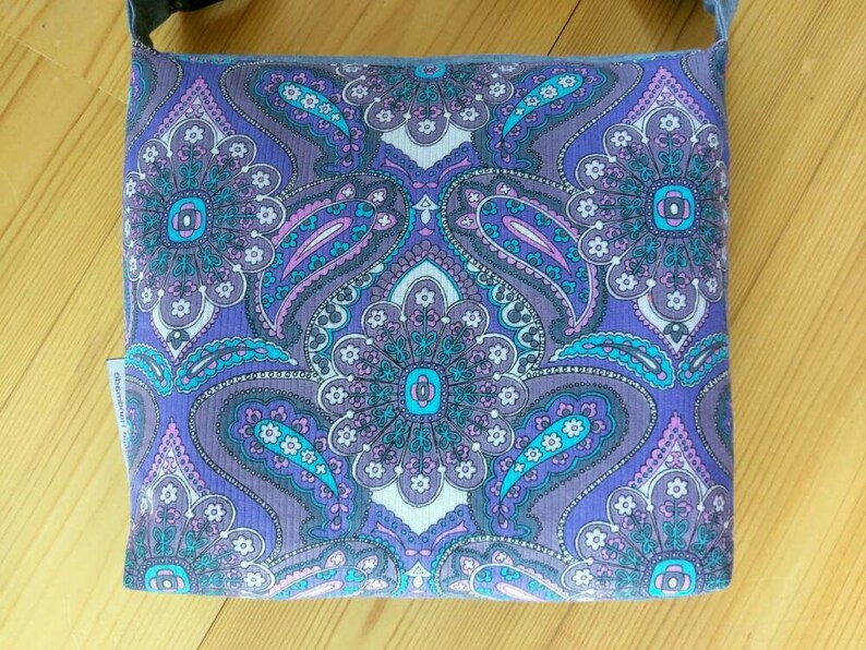funky bag upcycled bag Funky Vintage Fabric Messenger Bag: Dance With Me one of a kind market bag Doily bag cross body bag satchel