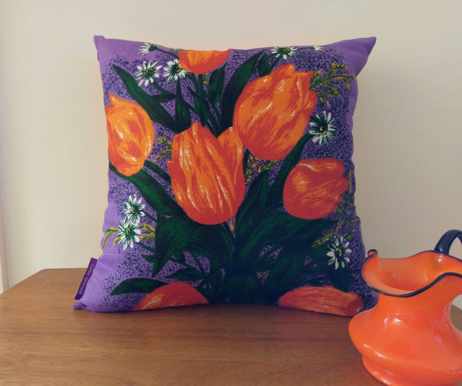 Vintage Linen Cushion Cover Orange Tulips Upcycled