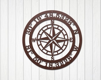 Personalized Compass GPS Coordinates Metal Wall Art Sign - Makes a great housewarming, wedding or closing gift for couple or whole family!