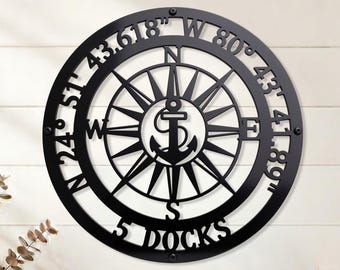 Custom Metal Sign Anchor Compass: Nautical Wall Art With Gps Coordinates