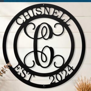 Custom Metal Family Name Sign with Monogram, Personalized Anniversary Wall Art