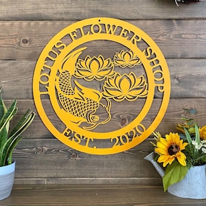 Custom Koi Pond Metal Sign: Lotus Flower Art, Personalized Decor