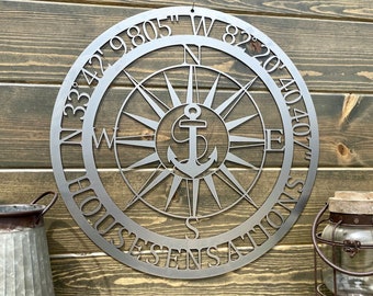 GPS Anchor with Name Compass Custom Metal Art | Custom Coordinates Sign | Nautical Star and Anchor Compass Wall Art | Beach Decor