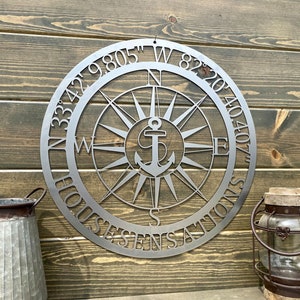 GPS Anchor with Name Compass Custom Metal Art | Custom Coordinates Sign | Nautical Star and Anchor Compass Wall Art | Beach Decor