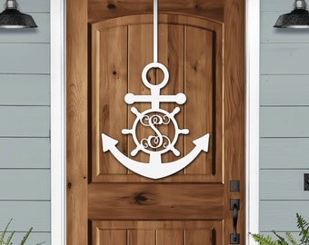 Metal Anchor Front Door Wreath, Nautical Anchor Monogram Door Hanger -- Custom Metal Sign