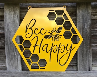 Bee Happy Metal Sign: Custom Beekeeper Gift, Outdoor Bee Decor