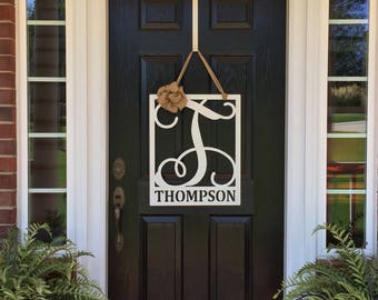 Rectangular MONOGRAMMED Door Wreath, Metal Door Hanger, Personalized Sign, Year Round Wreath,  Front Door Decor, Last Name Sign