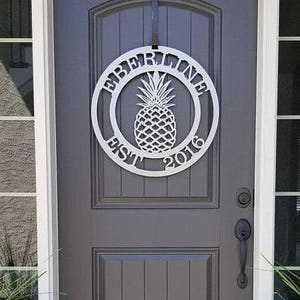 PINEAPPLE SIGN Patio Decor, Front Door Welcome Sign, Coastal Home Decor, Established Sign, Personalized Gift, Custom Metal Sign