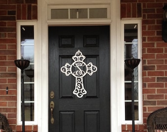 Metal Front door wreath, cross door hanger, monogram door wreath, initial door hanger,, Outdoor Wreath, monogram wreath,