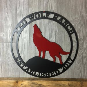 Howling Wolf Established Ranch Sign,  Metal Family Sign, Rustic Woodland Cabin Welcome Sign, Cabin Sign, Farm Sign, Weatherproof Sign