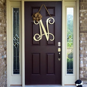 Metal Initial door wreath w/ ribbon, Front Door Wreaths, Monogram Door Hanger, Monogrammed Wreath, Front Door Letters, Outdoor Wreath, Decor