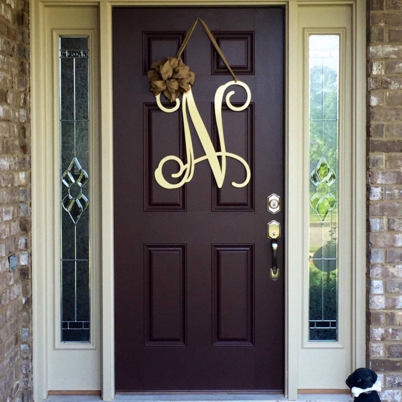 Metal Initial door wreath w/ ribbon, Front Door Wreaths, Monogram Door Hanger, Monogrammed Wreath, Front Door Letters, Outdoor Wreath, Decor image 2