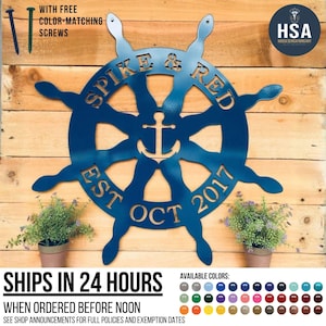 Personalized Nautical Ship Wheel Metal Sign: Beach House Decor