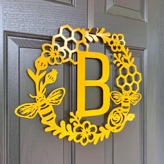 Monogram Bee Wreath Sign, Front Door Decor for Nature Lovers, Personalized Garden Accent