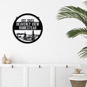 Lower Front Angle - Mountain Homestead Personalized Last Name Sign shown in black on white wall
