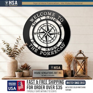 Personalized GPS Coordinates Metal Compass Sign: Custom Nautical Wall Art