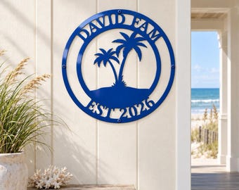 Personalized Metal Palm Tree Sign for Coastal Beach House Decor