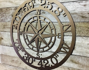 Custom GPS Coordinates Metal Sign: Nautical Compass Rose Wall Art