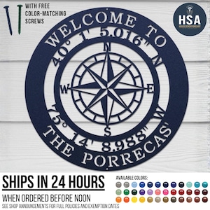 Custom GPS Coordinates Compass Metal Wall Art: Nautical Coastal Decor