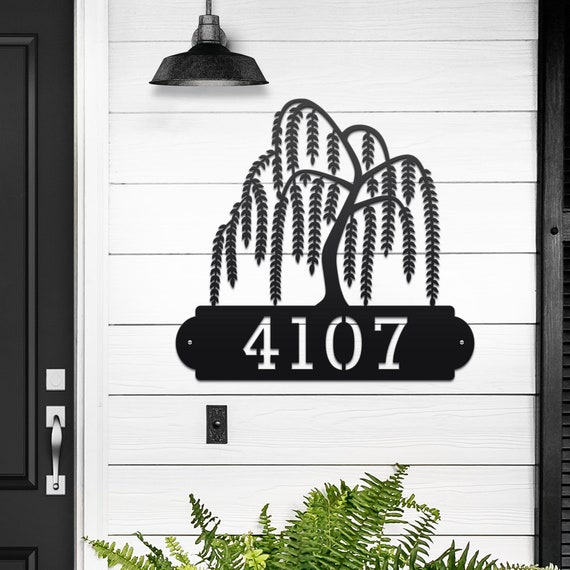 Weeping Willow House Number Sign: Personalized Metal Tree of Life Decor