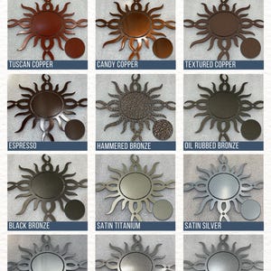 Metal sign powder coat color chart featuring Tuscan Copper, Candy Copper, Textured Copper, Espresso, Hammered Bronze, Oil Rubbed Bronze, Black Bronze, Satin Titanium, Silver Satin, Polished Chrome, Metallic Silver, Cosmic Gray, and more. Custom color options for personalized metal signs, laser-cut steel wall art, outdoor metal decor, and business signs.