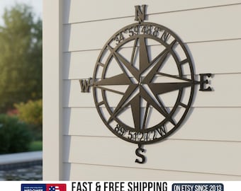 Custom Coordinates Compass Sign: Nautical Lake House Wall Art Coastal Decor