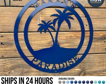 Personalized Palm Tree Metal Sign: Coastal Beach House Decor