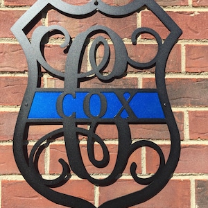 Police Officer Badge Monogrammed Sign |  Thin Blue Line Metal Wall Art | Badge , Sign , Decor, Gift, Law Enforcement, Police | Free Shipping