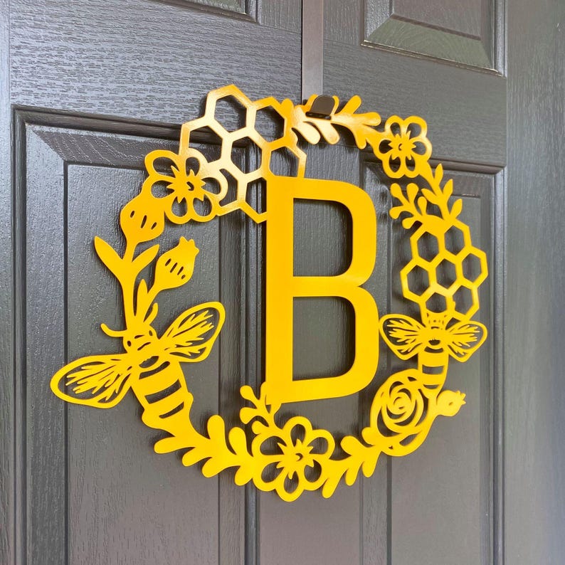 Monogram Honey Comb Honey Bee Floral Wreath with monogram letter "B" in Golden Yellow on black front door