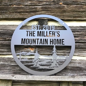 Lower Front Angle - Mountain Homestead Personalized Last Name Sign shown on dark wood background