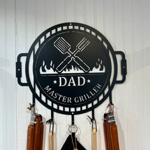 Master of the Grill Metal Sign with Utensil Hangers | Grill Name Sign with Metal Hooks for hanging Grilling Utensils |