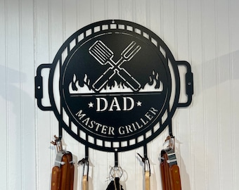 Master of the Grill Metal Sign with Utensil Hangers | Grill Name Sign with Metal Hooks for hanging Grilling Utensils |