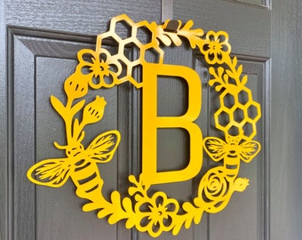 Monogram Honey Comb Honey Bee Floral Wreath | Spring Outdoor Metal Décor | Bee Sign | Honeycomb Wreath