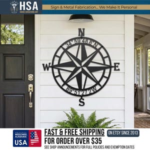 Nautical Compass Rose Sign with GPS Coordinates | Custom Lake or Beach House Wall Decor