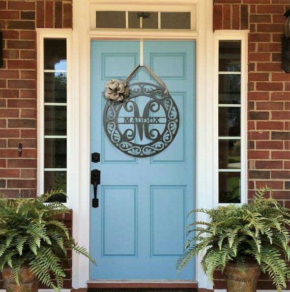 Fancy Schmancy Metal Monogram Front Door Wreath With Ribbon Monogram Door Hanger Door Wreath Personalized Family Last Name Sign