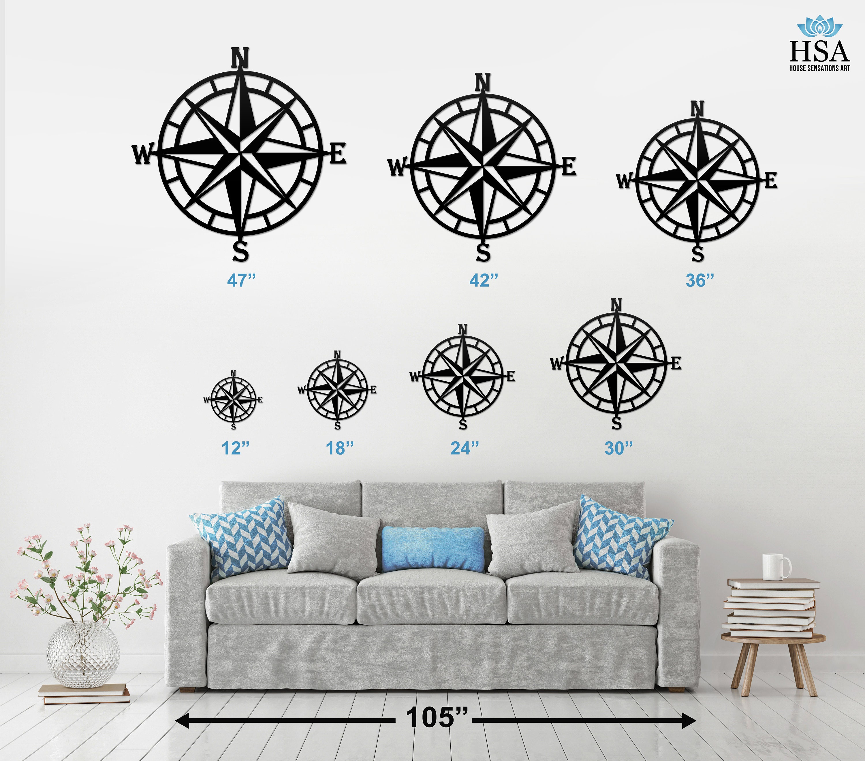 20 Blue Compass Rose Metal Wall Art - Nautical Wall Decor - Lazart